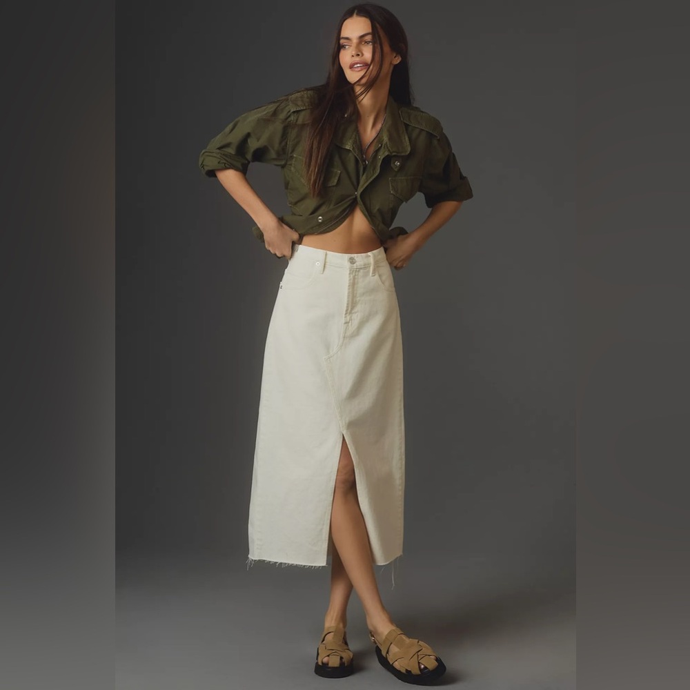 FRAME Denim The Midaxi Raw Hem White Midi Skirt Size 24 High Rise Frayed Hem